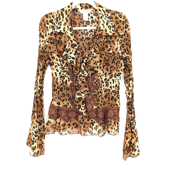 VTG Y2K Sheer Leopard Luxe Mob Wife Maximalist Brown Ruffle Lace Chiffon Top LG - Picture 1 of 7